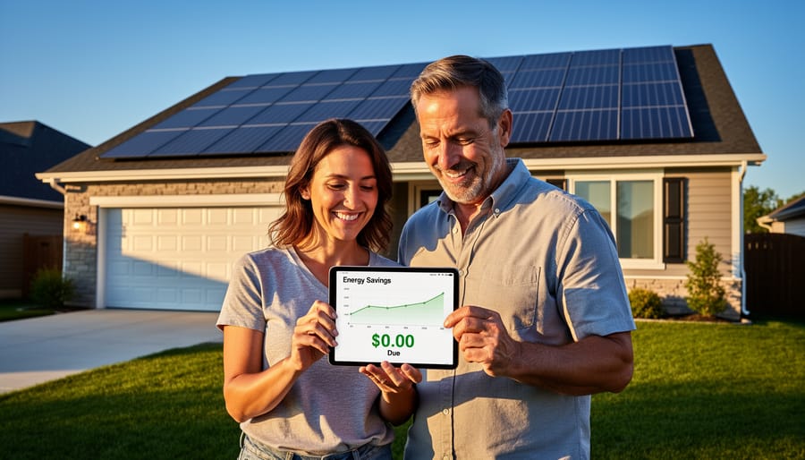 Happy homeowner couple standing in front of their home with solar panels on roof