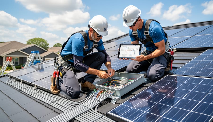 Solar installer's hands connecting electrical wiring to solar panel junction box