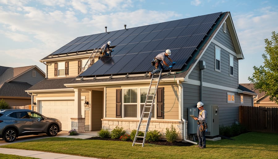 Aerial view of residential rooftop covered with modern solar panel installation