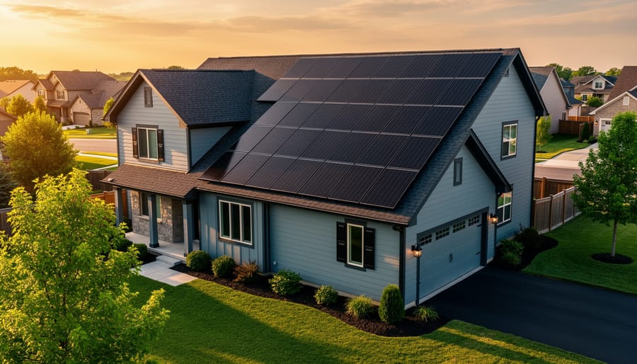 Elevated 45-degree view of a suburban house with a professionally installed rooftop solar panel array at golden hour, with trees and neighboring homes in the background.