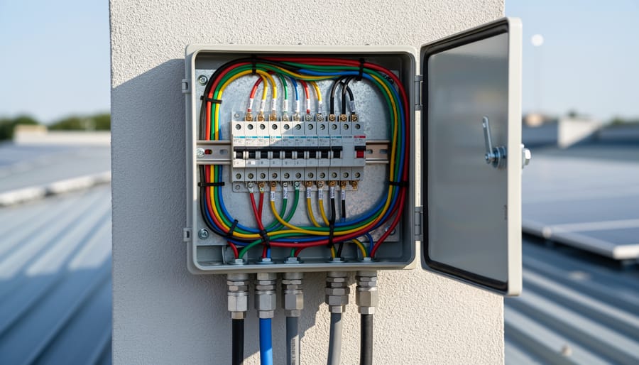 Close-up of solar combiner box and electrical connections with cables