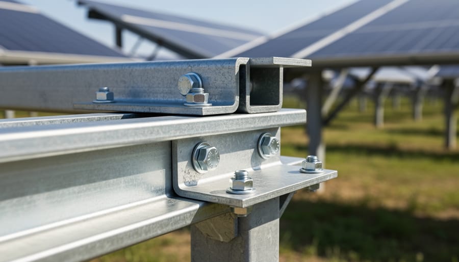 Close-up of steel mounting hardware securing a ground-mounted solar panel system.