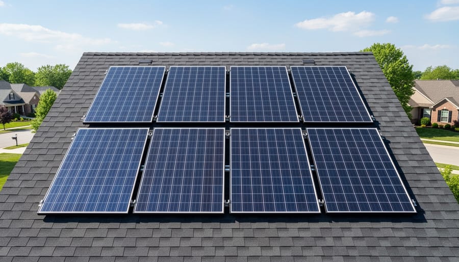Eight solar panels installed on a residential rooftop with mounting hardware visible