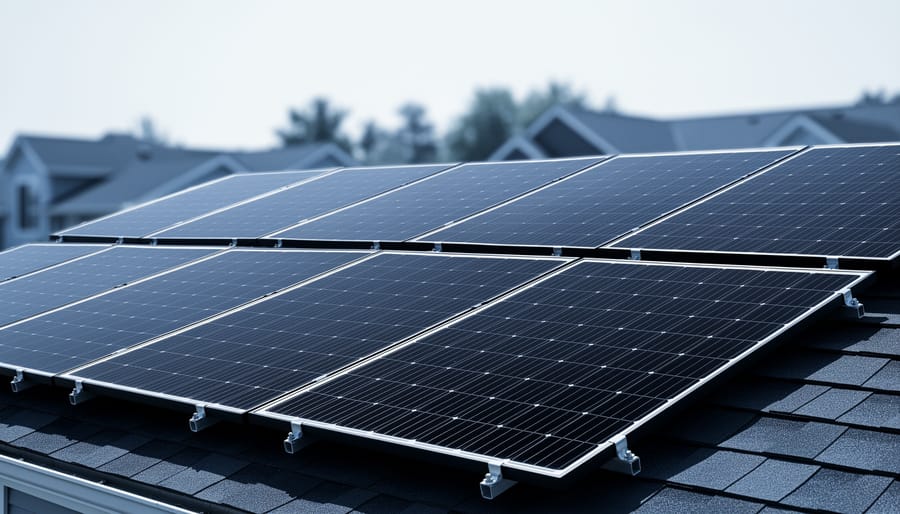 Eight solar panels mounted on a residential rooftop under soft daylight, photographed from a low angle looking up.