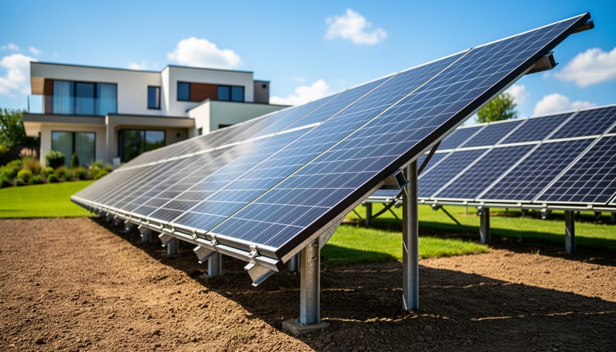 Ground-mounted solar panels installed on a property with a nearby home and green yard in soft background blur.