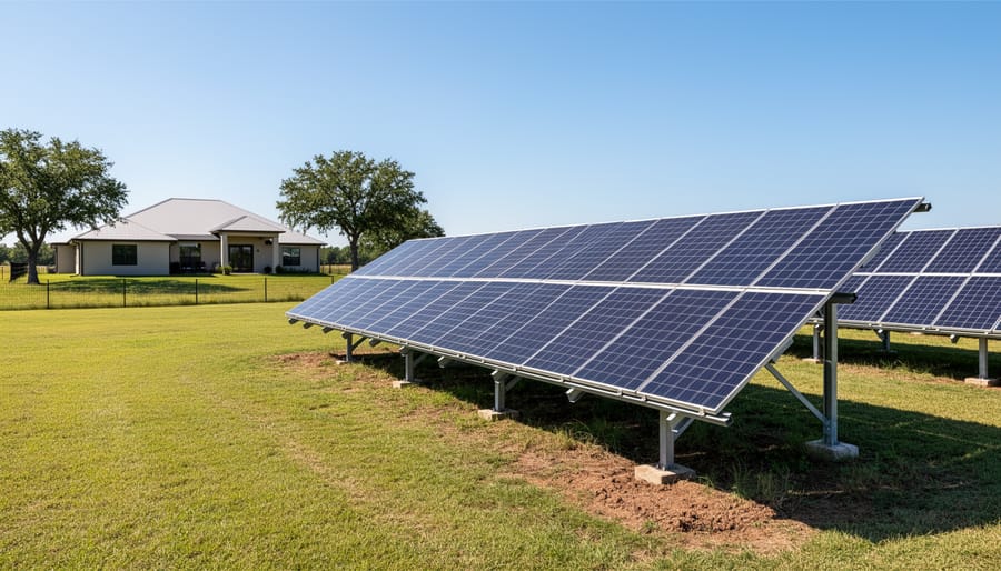 Ground-mounted solar panels installed on a residential property with open land around them.