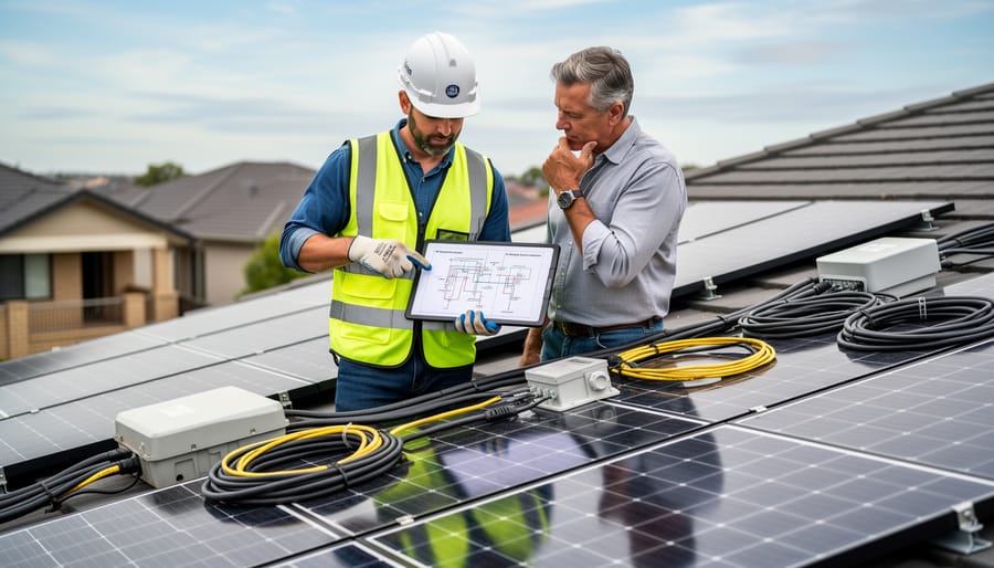 Solar technician and homeowner discussing a rooftop solar installation