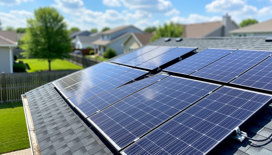 Rooftop solar panels installed on a home during golden hour sunlight