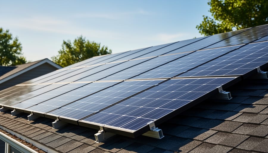 Rooftop solar panels on a residential home, angled toward the sun with bright reflections on the photovoltaic surfaces.