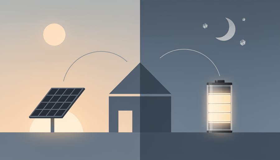 Battery storage system installed near solar equipment at dusk