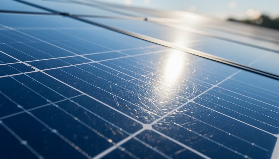 Close-up view of solar panel glass and dark photovoltaic surface texture