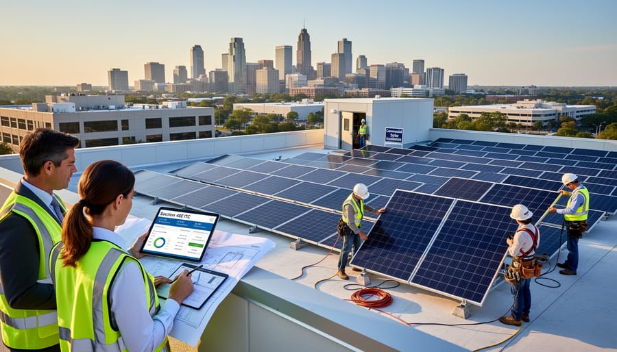 Large commercial warehouse rooftop with rows of solar panels.