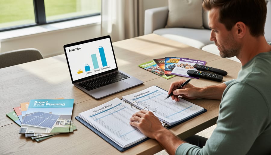 Homeowner reviewing a home budget in an office while holding a smartphone and pen