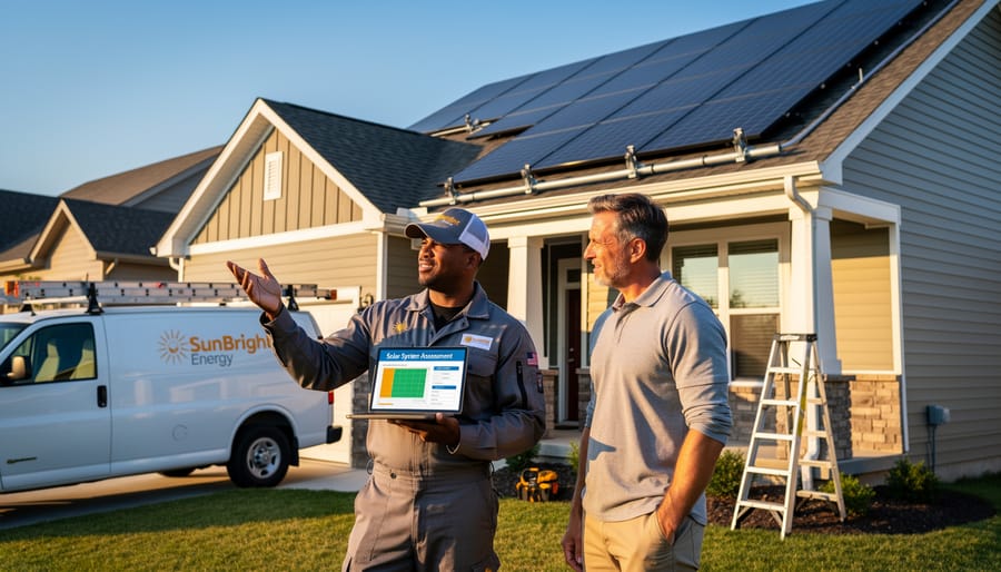Solar installer and homeowner standing beside a rooftop solar system under daylight.