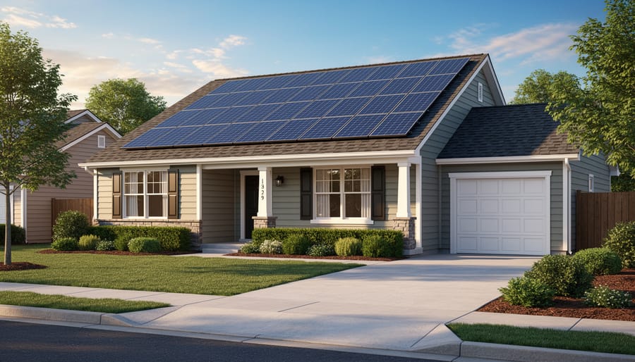 Residential rooftop solar panels viewed from the street.