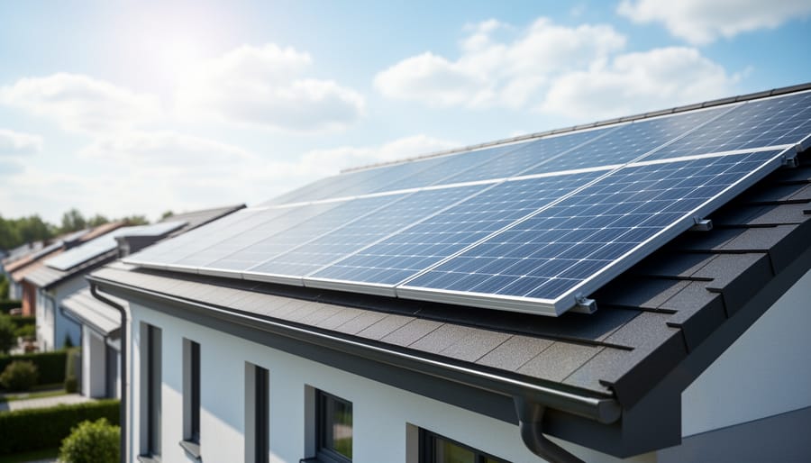 Residential rooftop solar panels on a modern home viewed from the street, showing clean panel installation in daylight.
