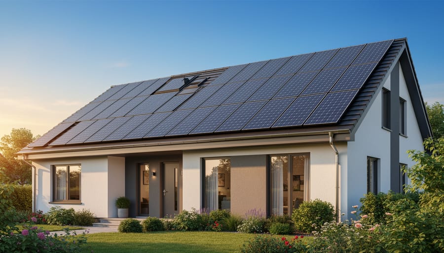 Residential rooftop solar panels mounted on a house roof under an overcast sky
